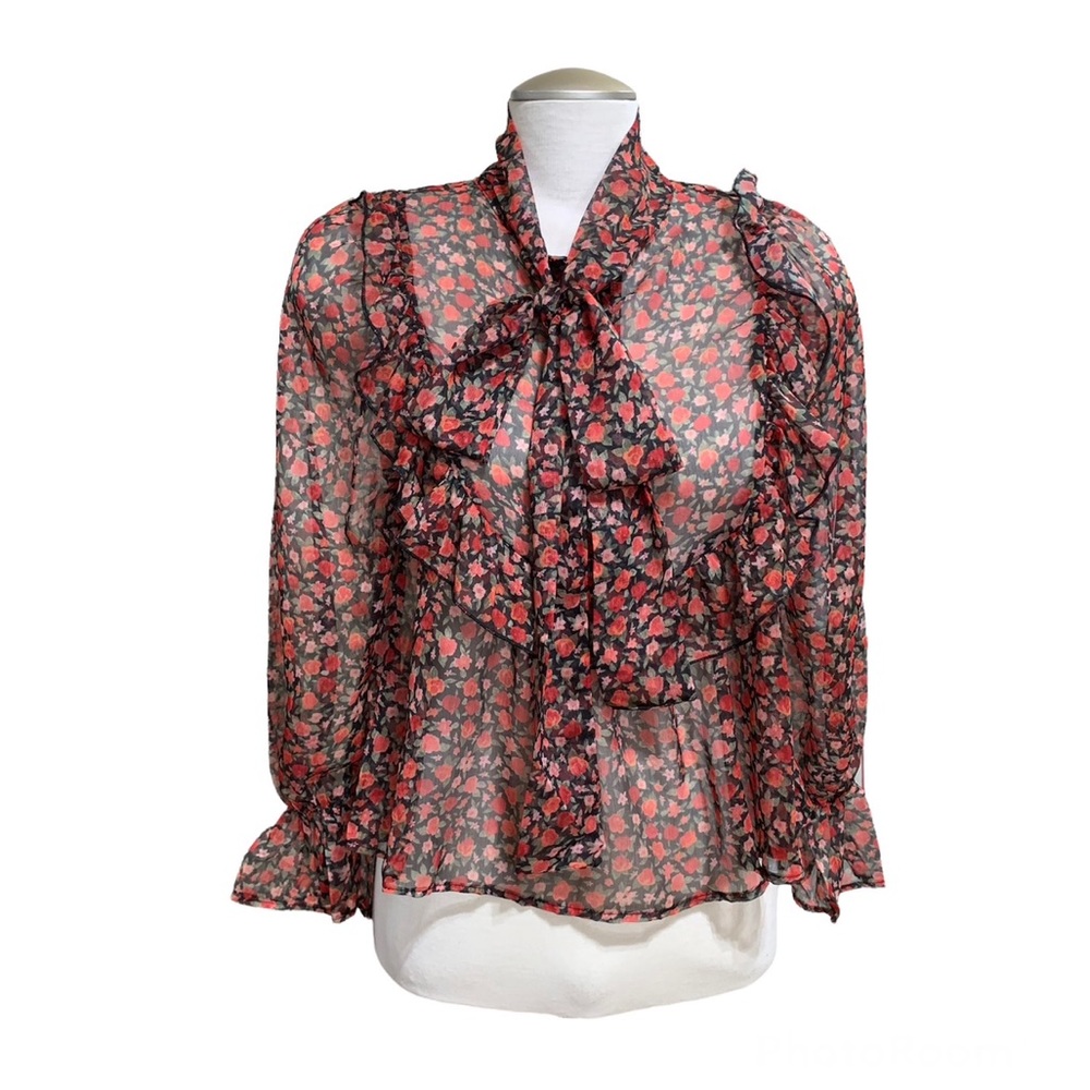 Red Floral Print Women’s Sheer Tie Neck Ruffled Long Sleeves Blouse Size Small